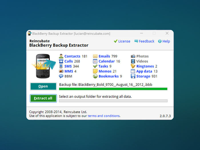 BlackBerry Backup Extractor running on Windows