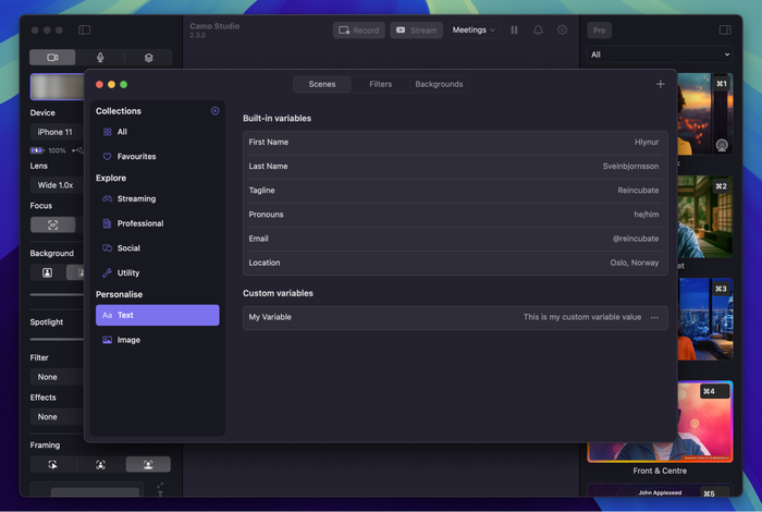 Automatically add your details to scenes using Personalise. Automatically add your details to scenes using Personalise.