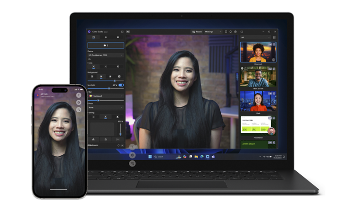 Camo on iOS is shown on the left, with Camo Studio on the right running on Windows.