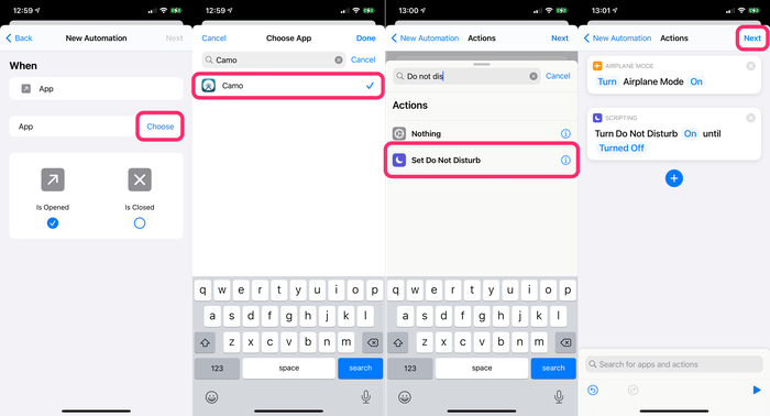 Create actions to turn Airplane Mode and Do Not Disturb on