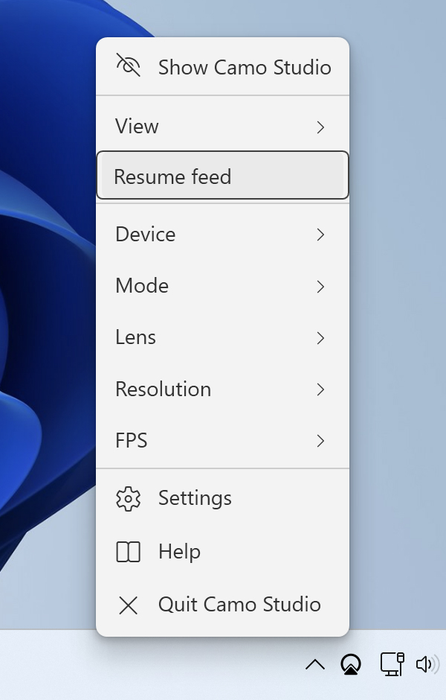 Camo Studio’s taskbar menu on Windows Camo Studio’s taskbar menu on Windows