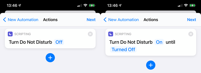 You want your automation set to turn Do Not Disturb on until Turned Off for this step