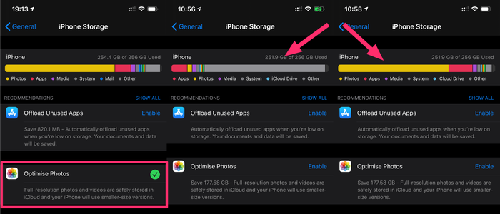 An iPhone allocating Photos storage as Other