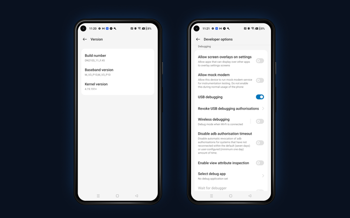 Отладка по USB на телефоне OnePlus Nord 2 USB debugging on a OnePlus Nord 2 phone