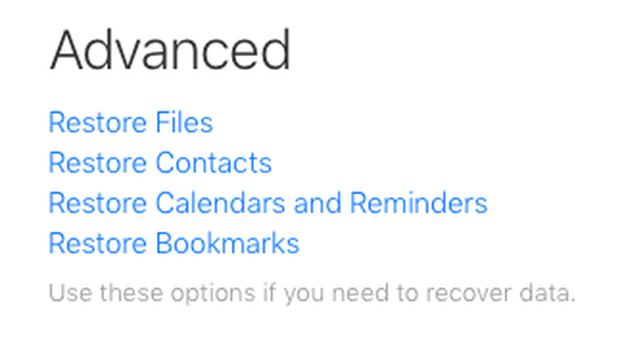 iCloud.com上的还原选项 The restore options on iCloud.com