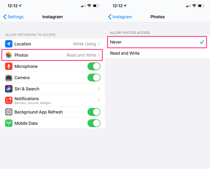 Select 'Never' to prevent photos stacking up in your storage