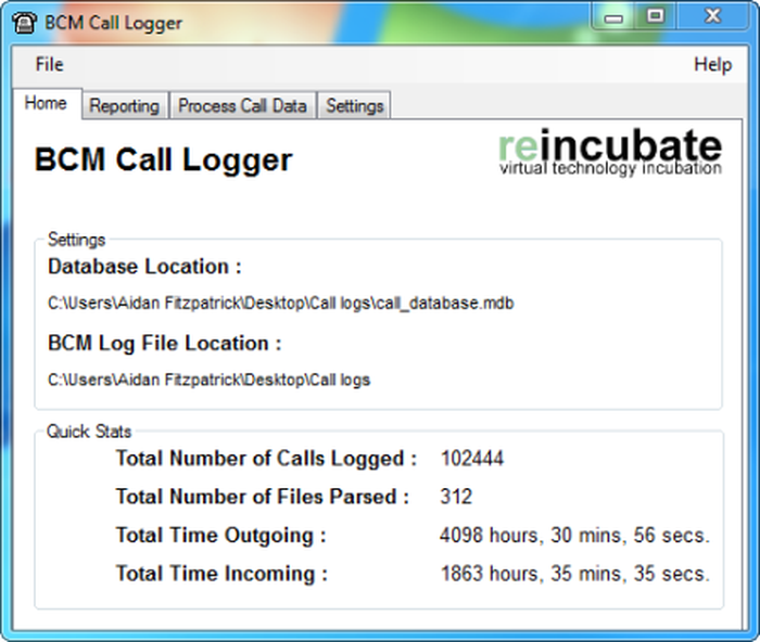 BCM Call Loggerのメインウィンドウ