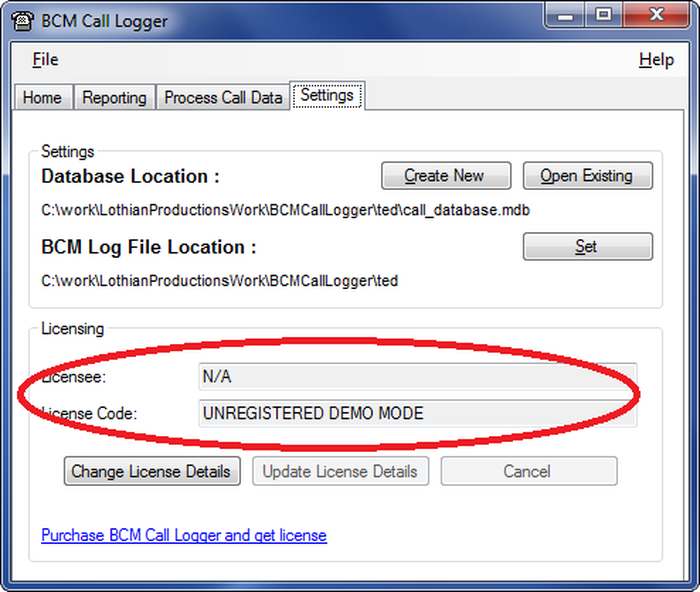 Pantalla de licencias de BCM Call Logger