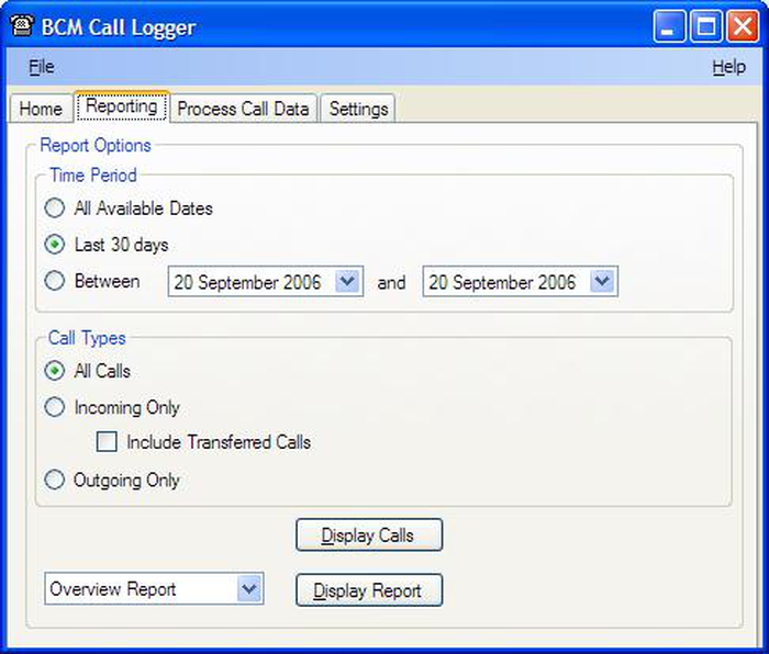 BCM Call Logger: ventana de opciones