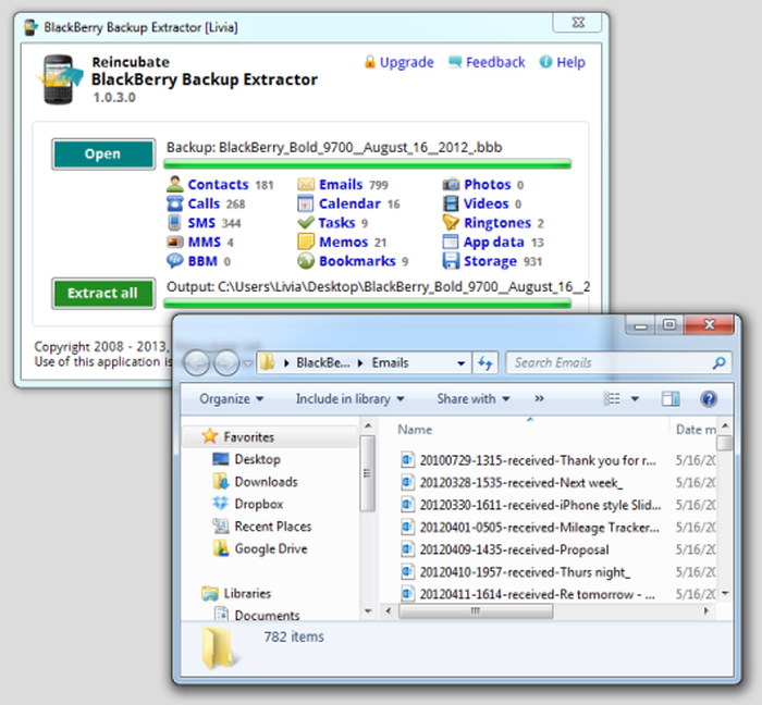 Emails extracted with BlackBerry Backup Extractor