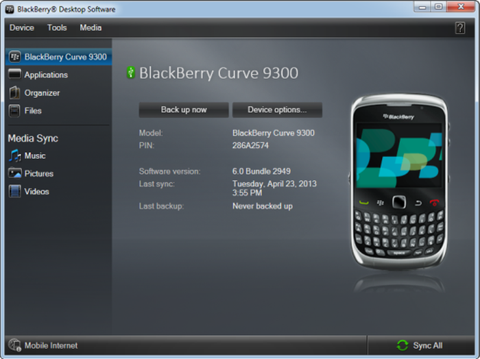 BlackBerry Desktop Software showing a USB-connected device