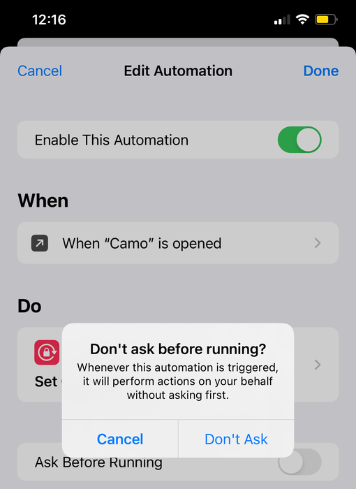 make sure to toggle 'ask before running' off so the shortcuts can run automatically make sure to toggle 'ask before running' off so the shortcuts can run automatically
