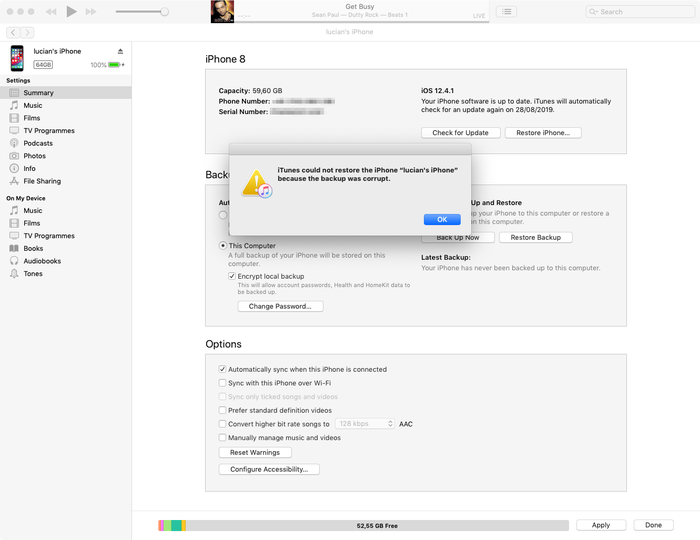 iTunes' corrupt backup error message