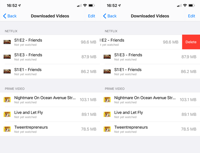 Remove downloaded videos to free up space