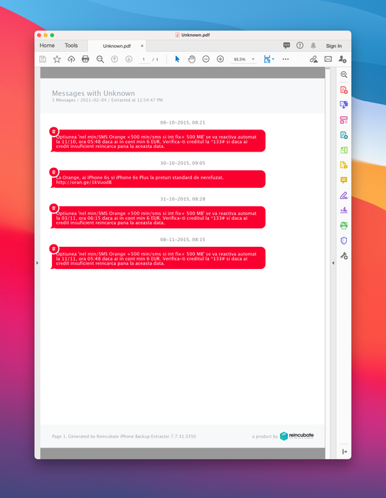 削除されたメッセージのプレビューを表示するiPhoneBackup Extractor iPhone Backup Extractor showing a preview of deleted messages