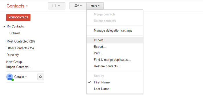 The Gmail import menu