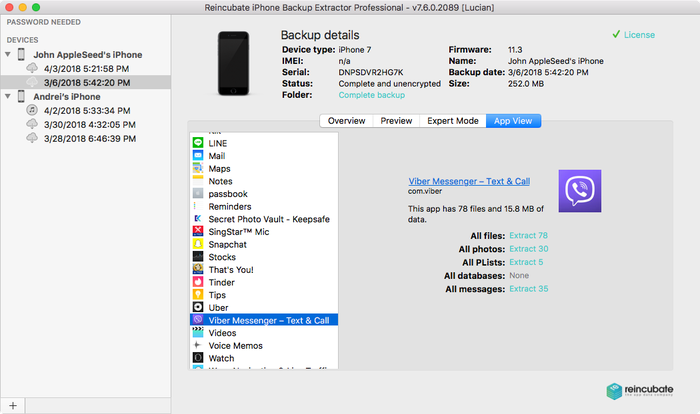 iPhone Backup Extractor in App view mode