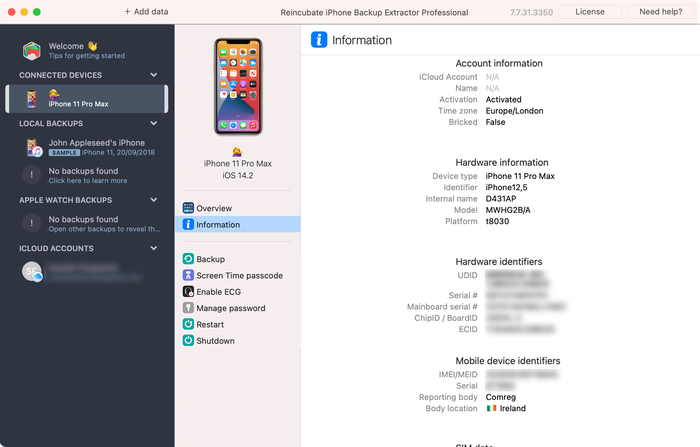 Integração DeviceIdentifier do iPhone Backup Extractor, mostrando os dados do dispositivo