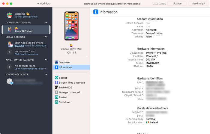 iPhone Backup Extractor's DeviceIdentifier integration, showing device data