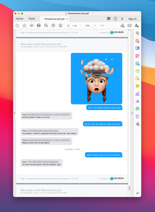 Messages extracted as a pdf using iPhone Backup Extractor