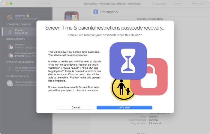 Press "start" to recover the Screen Time or restrictions passcode