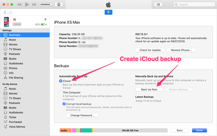 Create an iCloud backup with iTunes