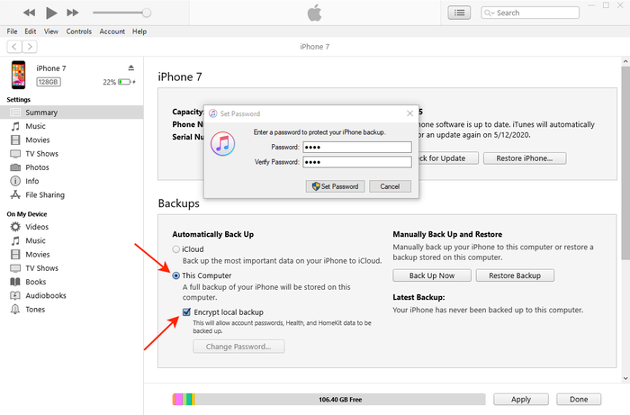 Setting a backup password in iTunes