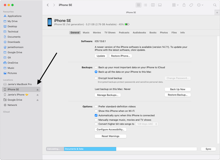 Where to select iOS device in Finder on macOS Where to select iOS device in Finder on macOS