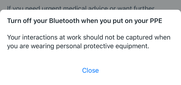 The NHS COVID-19 app's PPE Bluetooth prompt The NHS COVID-19 app's PPE Bluetooth prompt