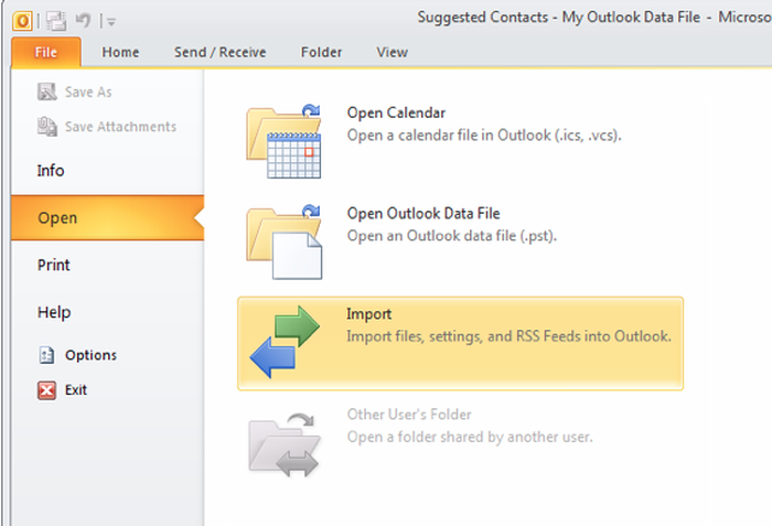 In Outlook, Select File → Open → Import