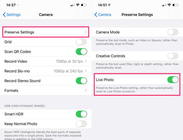 Preserve camera settings to avoid these reverting