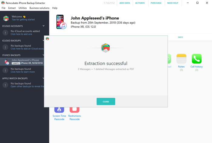 Successful recovery of deleted data with iPhone Backup Extractor
