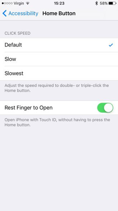 iOSの「Rest Finger to Open」設定 "Rest Finger to Open" settings on iOS