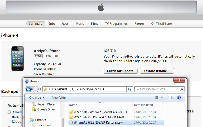 iTunes iOS device restoration