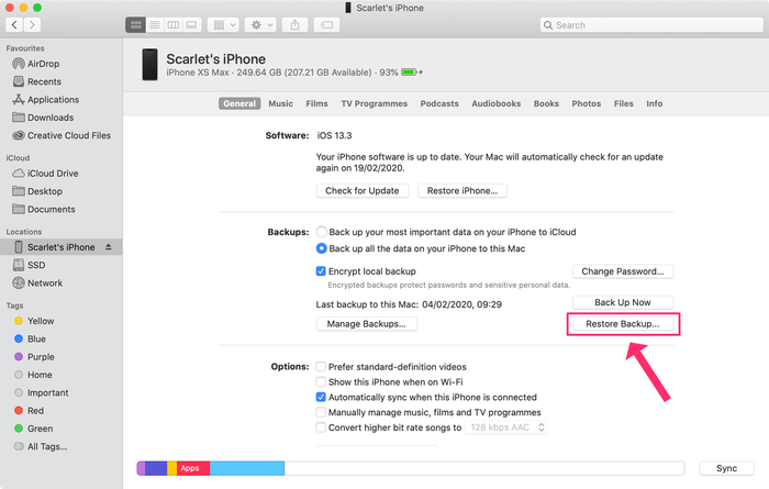 Restoring an iTunes backup