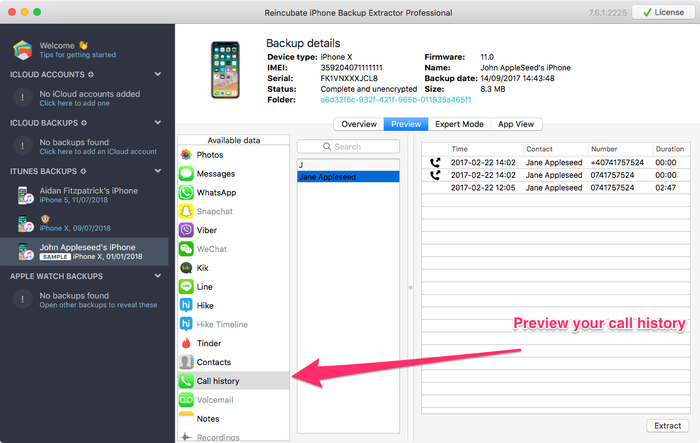 Previewing call history from an iTunes or iCloud backup