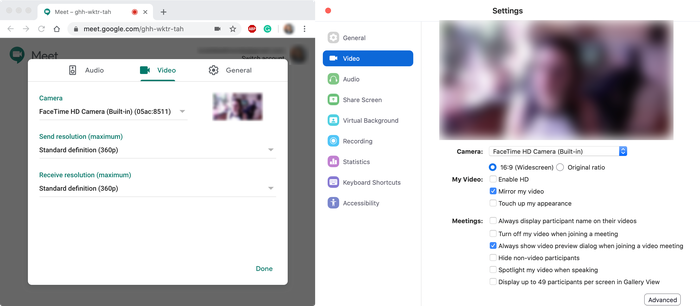 Webcam settings in Meet and Zoom